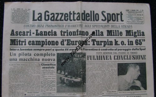 Vintage May 1954 Gazzetta dello Sport Alberto Ascari wins Mille Miglia on